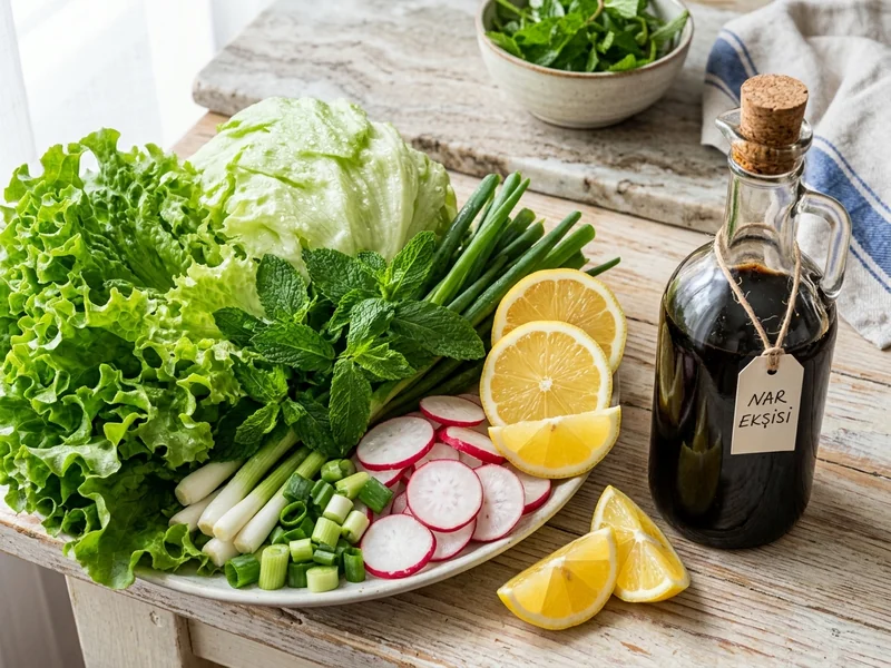 Taze yıkanmış çıtır kıvırcık marul nane limon ve nar ekşisi garnitürleri